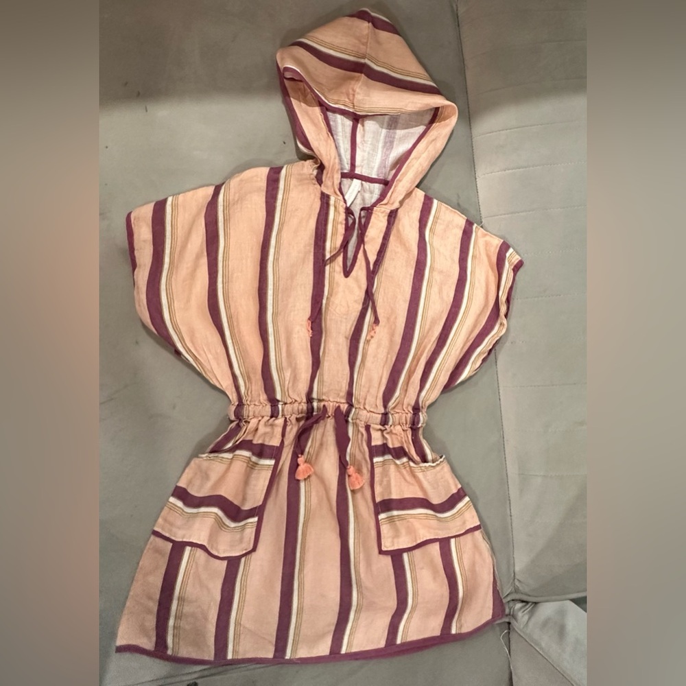 Striped linen hooded poncho swim cover up with pockets